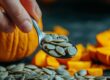 Pumpkin Seeds in Spoon with Whole and Sliced Pumpkins
