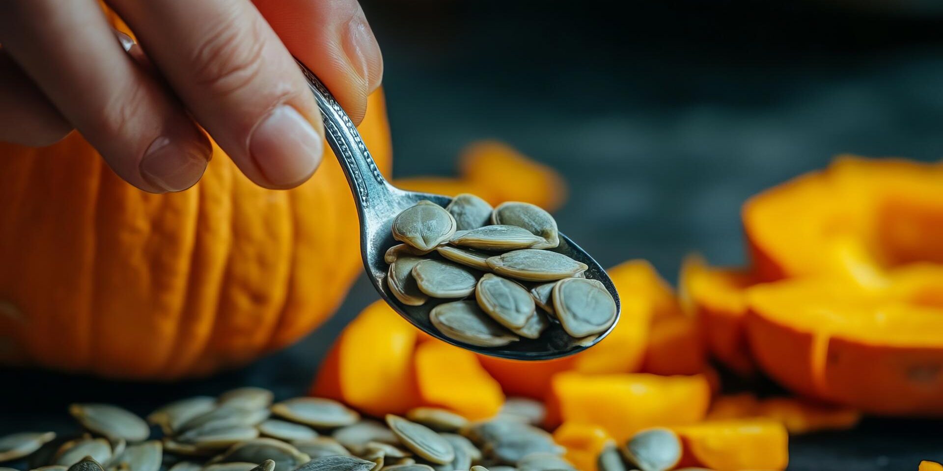 Pumpkin Seeds in Spoon with Whole and Sliced Pumpkins