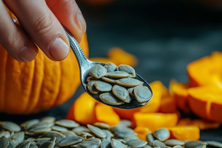 Pumpkin Seeds in Spoon with Whole and Sliced Pumpkins