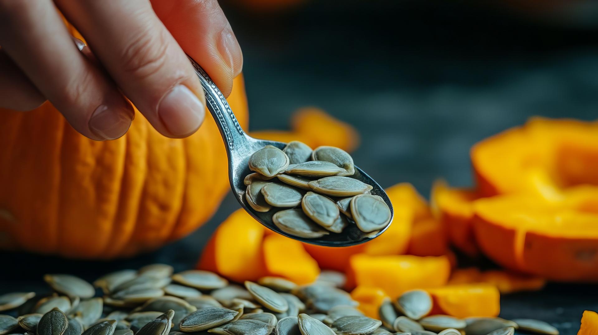 Pumpkin Seeds in Spoon with Whole and Sliced Pumpkins