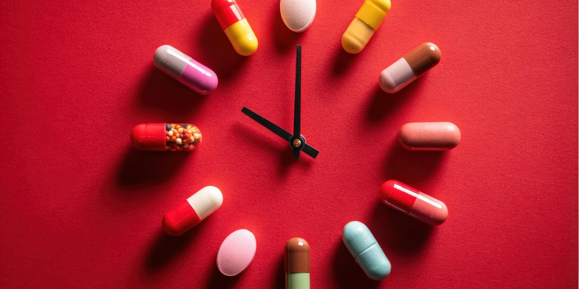 Medication Time Concept Pills Arranged as Clock Face on Red Background, Healthcare Schedule and Reminder