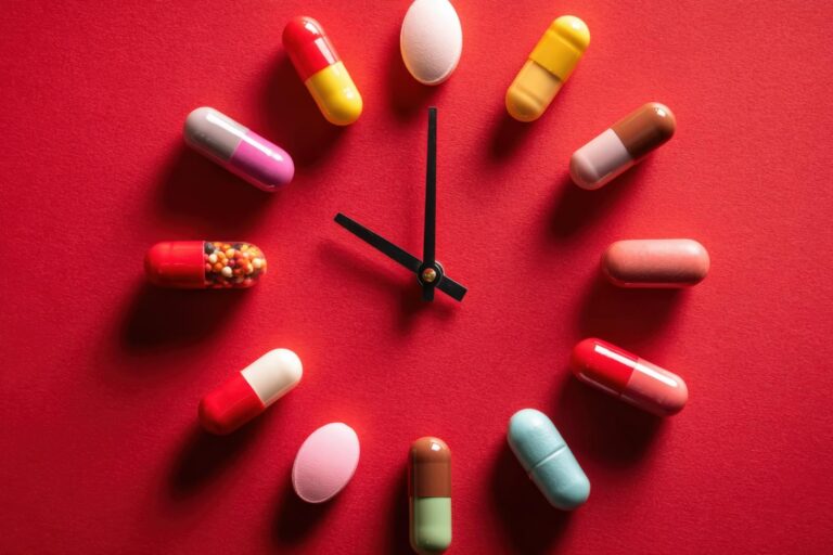 Medication Time Concept Pills Arranged as Clock Face on Red Background, Healthcare Schedule and Reminder
