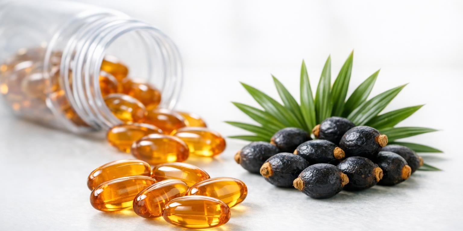 Close-up stock photo of saw palmetto berries, green leaves, and supplement capsules on a white surface, with a clear medicine bottle, representing ingredients discussed for prostate health and BPH.