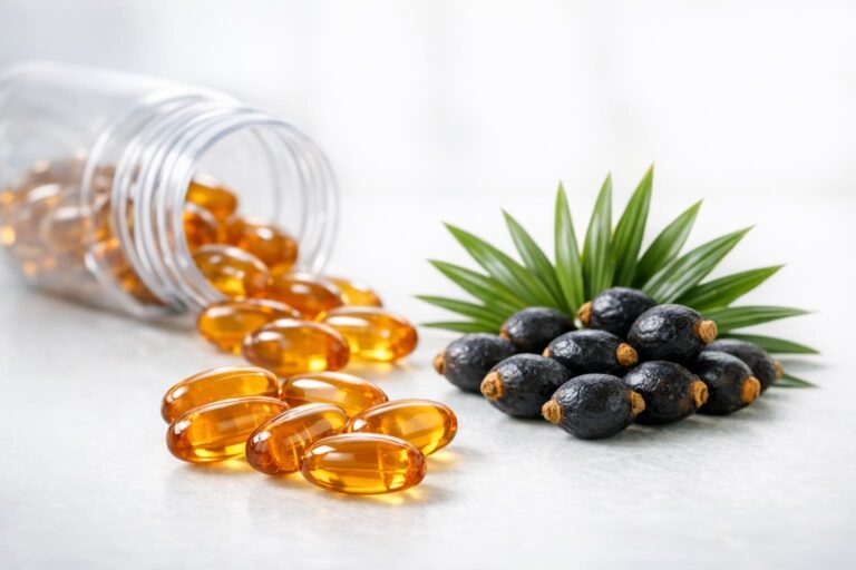 Close-up stock photo of saw palmetto berries, green leaves, and supplement capsules on a white surface, with a clear medicine bottle, representing ingredients discussed for prostate health and BPH.