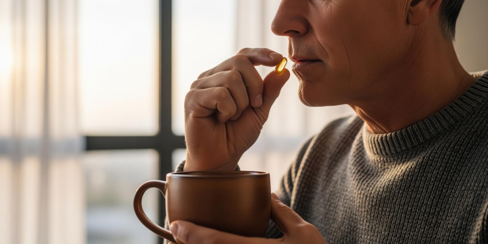 Supplements-for-Nocturia-in-Men-A-Practical-Safe-Plan-to-Sleep-Through-the-Night.jpg Mature man taking a daily nutritional supplement capsule with a warm drink.