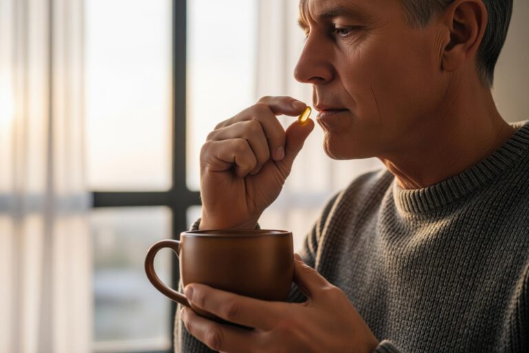 Mature man taking a daily nutritional supplement capsule with a warm drink.